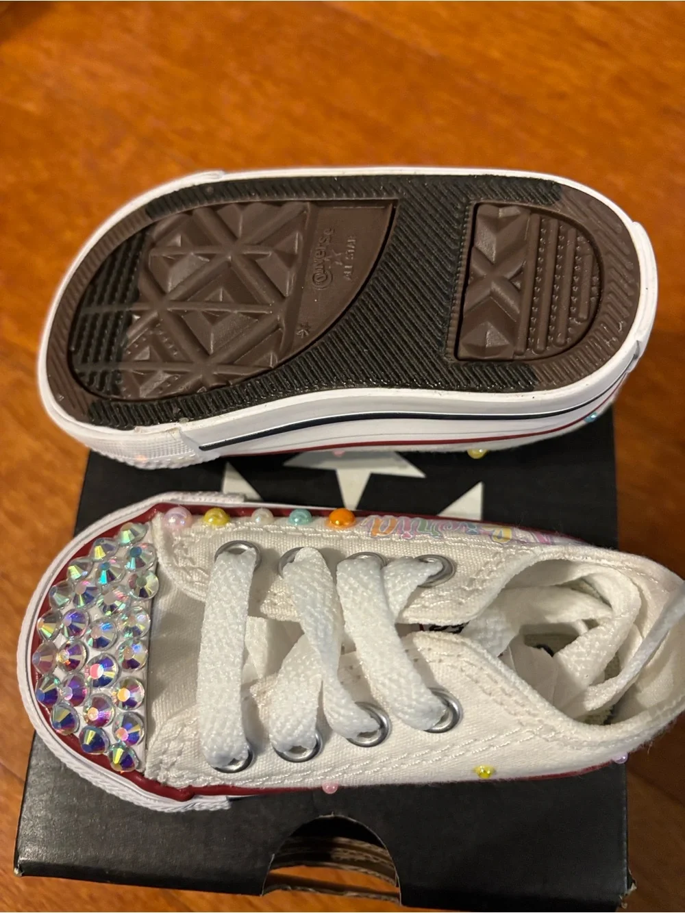 Converse Kids White Canvas Sneakers with Iridescent Rhinestone Toes